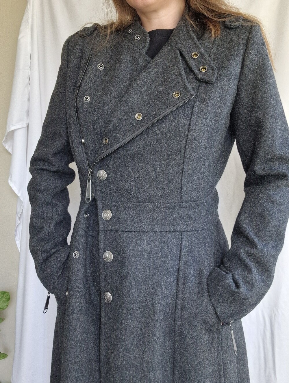 Women's Charcoal Gray Wool Guess Coat with Asymmetrical Zip